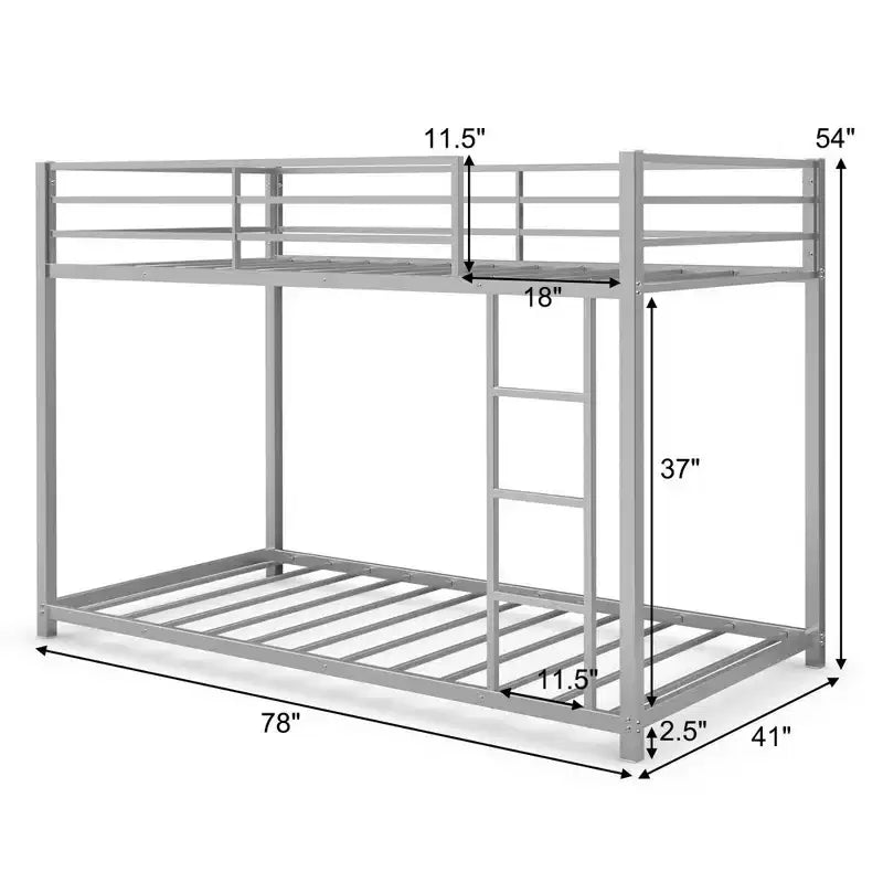 Costway Twin Bunk Bed Twin Over Frame Platform W/ Guard Rails & Side Ladder Silver