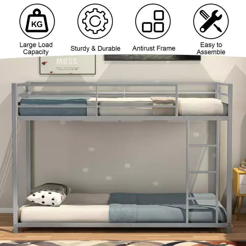 Costway Twin Bunk Bed Twin Over Frame Platform W/ Guard Rails & Side Ladder Silver