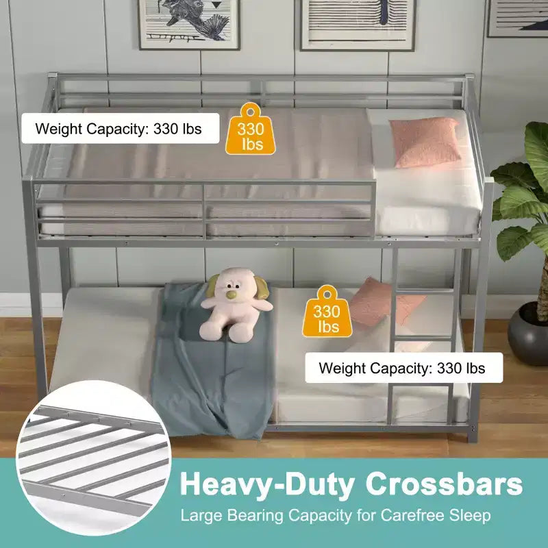 Costway Twin Bunk Bed Twin Over Frame Platform W/ Guard Rails & Side Ladder Silver
