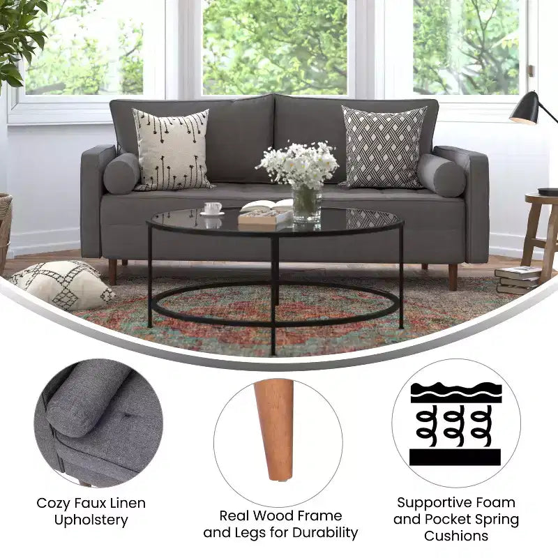 Flash Furniture Hudson Mid-Century Modern Sofa with Tufted Upholstery & Solid Wood Legs