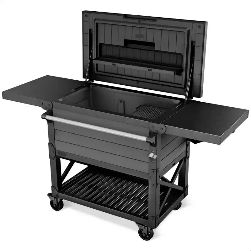 Keter 89.8 Qt Portable Outdoor Patio Cooler Ice Chest, Beverage Party Bar Cart Table with Swivel Wheels, Shelves, and Bottle Opener, Graphite