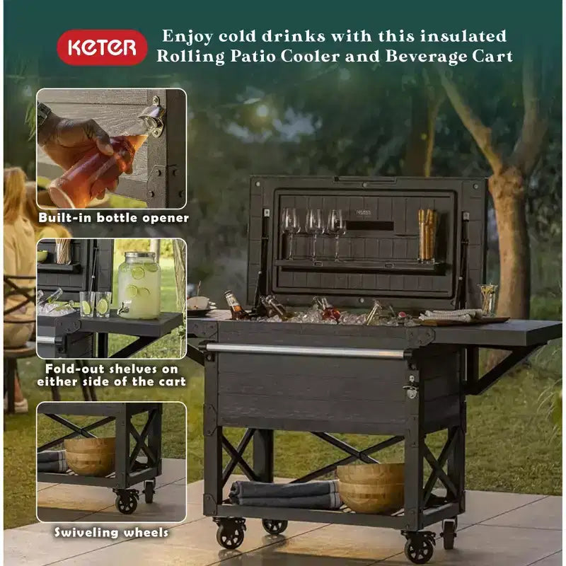 Keter 89.8 Qt Portable Outdoor Patio Cooler Ice Chest, Beverage Party Bar Cart Table with Swivel Wheels, Shelves, and Bottle Opener, Graphite
