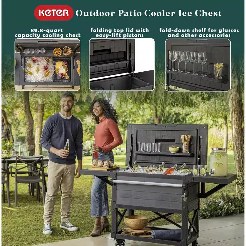 Keter 89.8 Qt Portable Outdoor Patio Cooler Ice Chest, Beverage Party Bar Cart Table with Swivel Wheels, Shelves, and Bottle Opener, Graphite