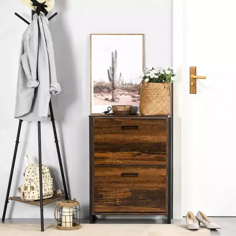 HOMCOM Shoe Cabinet with 2 Flip Doors, Slim 2-Drawer Shoe Cupboard with Divider and Open Compartment for 12 Pairs of Shoes, Rustic Brown