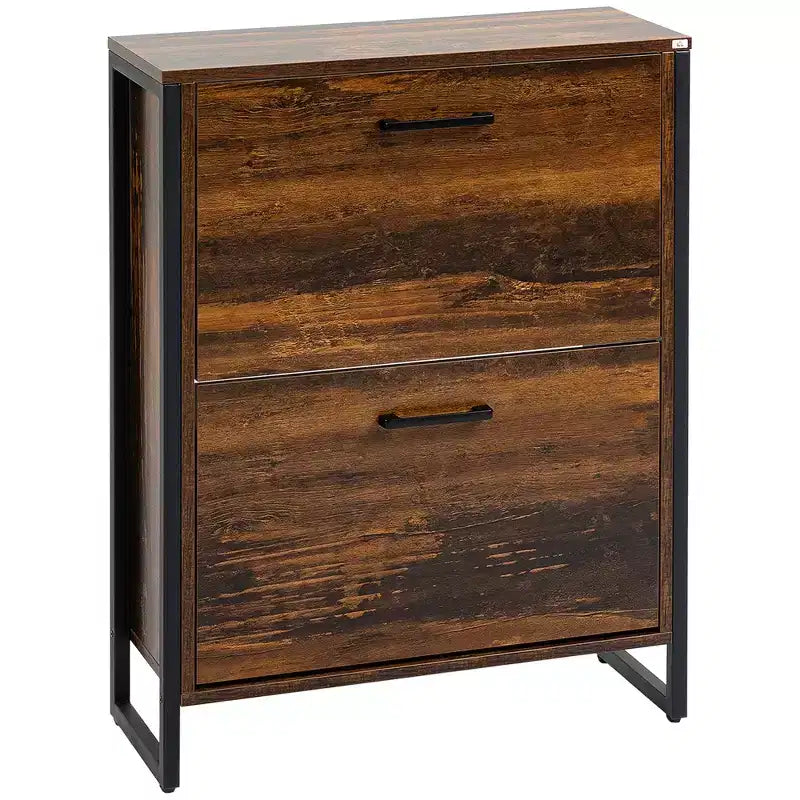HOMCOM Shoe Cabinet with 2 Flip Doors, Slim 2-Drawer Shoe Cupboard with Divider and Open Compartment for 12 Pairs of Shoes, Rustic Brown