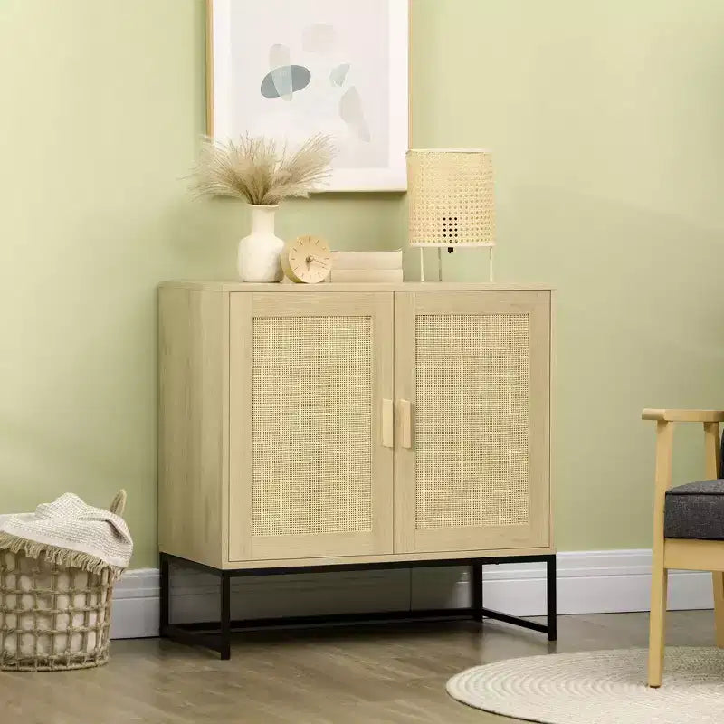 HOMCOM Accent Cabinet, Sideboard Buffet Cabinet with Rattan Doors, Adjustable Shelf and Metal Base, Boho Storage Cabinet, Natural
