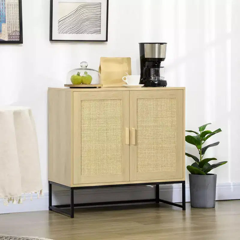 HOMCOM Accent Cabinet, Sideboard Buffet Cabinet with Rattan Doors, Adjustable Shelf and Metal Base, Boho Storage Cabinet, Natural