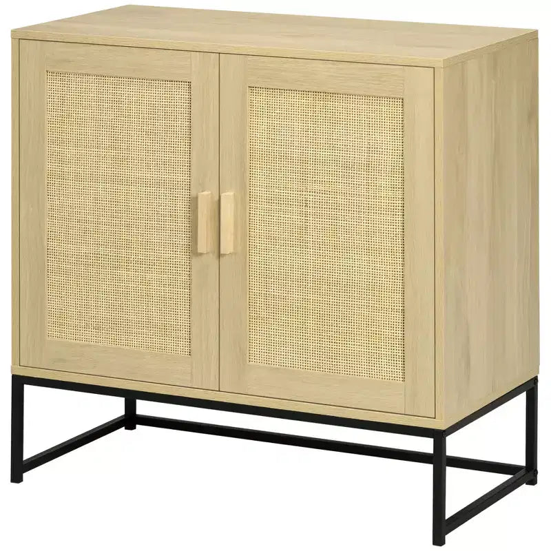 HOMCOM Accent Cabinet, Sideboard Buffet Cabinet with Rattan Doors, Adjustable Shelf and Metal Base, Boho Storage Cabinet, Natural