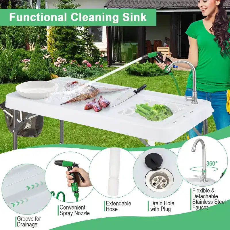 Costway Folding Fish Cleaning Table Portable Camping Table with Faucet Hose Grid Rack