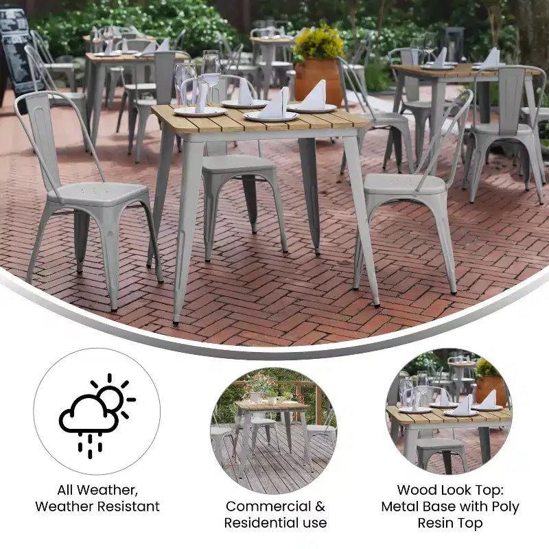 Merrick Lane Indoor/Outdoor Dining Table, 31.5 Square All Weather Poly Resin Top with Steel Base
