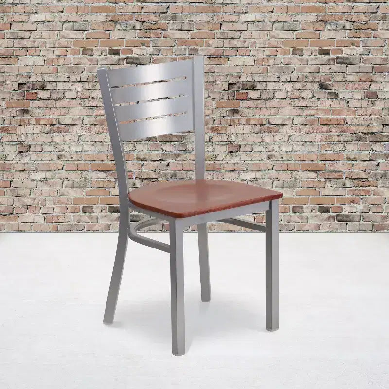 Emma and Oliver 2 Pack Silver Slat Back Metal Restaurant Chair