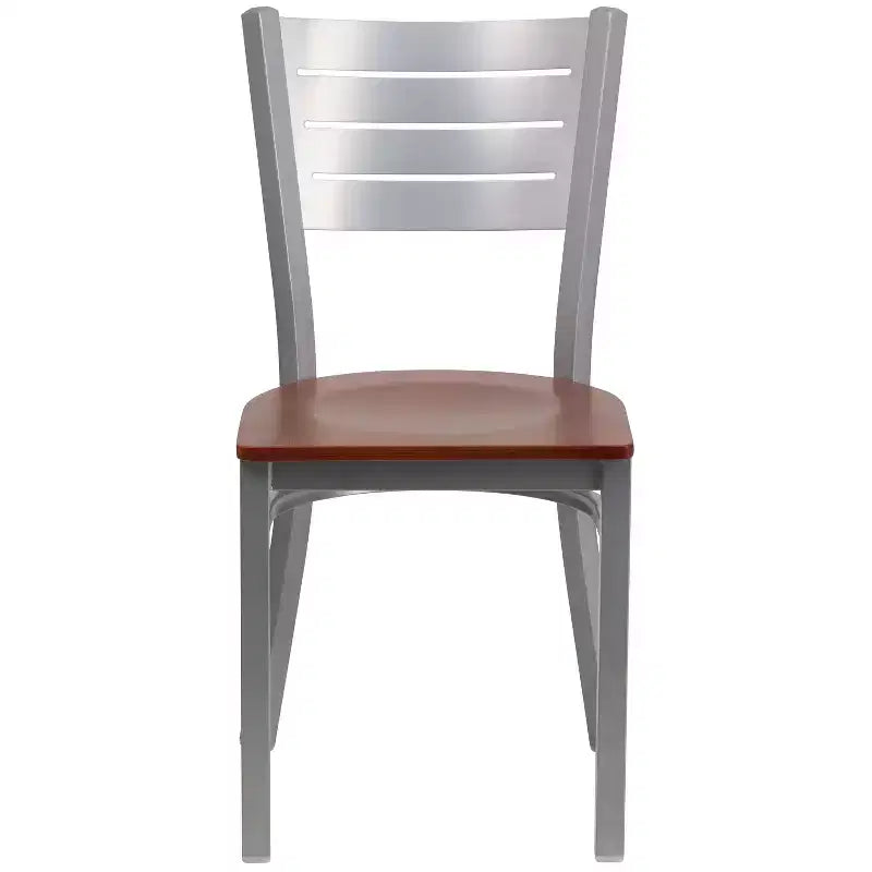 Emma and Oliver 2 Pack Silver Slat Back Metal Restaurant Chair