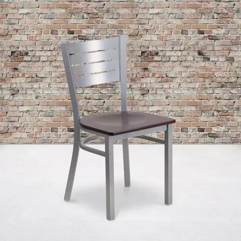 Emma and Oliver 2 Pack Silver Slat Back Metal Restaurant Chair