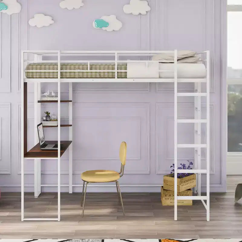 Twin Metal Loft Bed with 2 Shelves and Desk - ModernLuxe