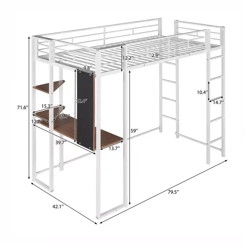 Twin Metal Loft Bed with 2 Shelves and Desk - ModernLuxe