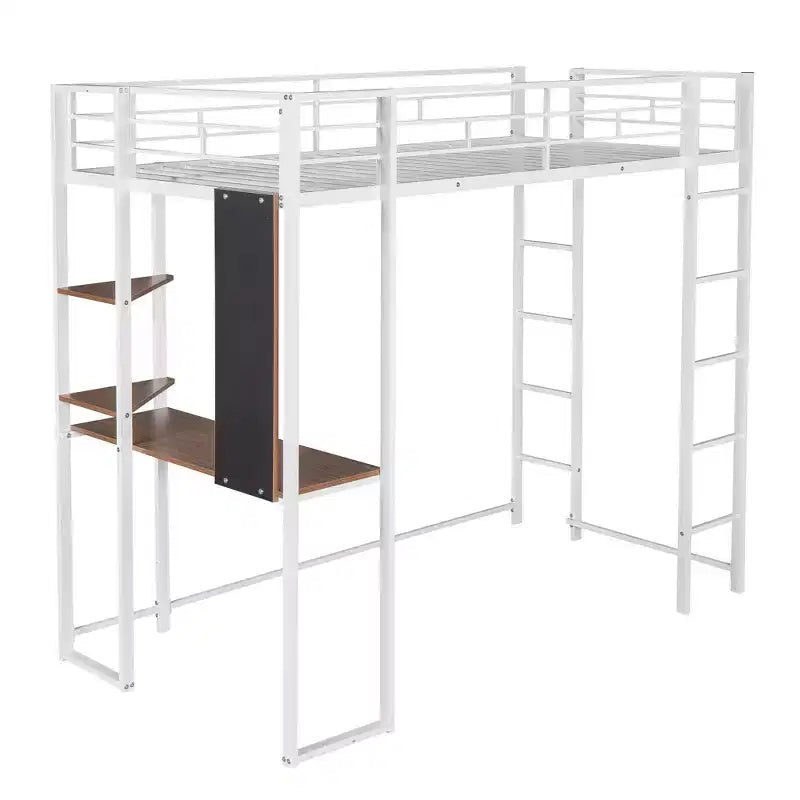 Twin Metal Loft Bed with 2 Shelves and Desk - ModernLuxe