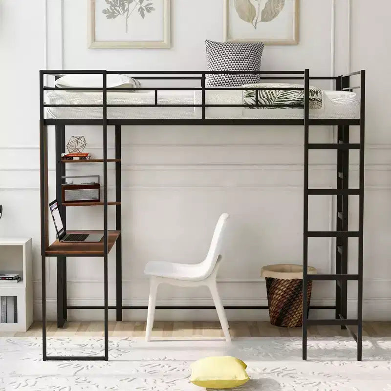 Twin Metal Loft Bed with 2 Shelves and Desk - ModernLuxe