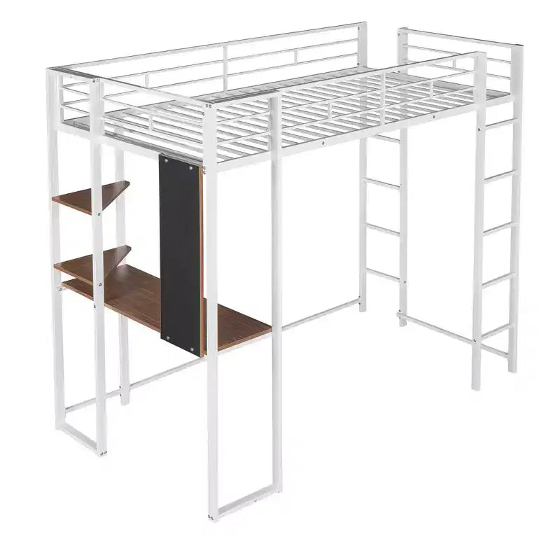 Twin Metal Loft Bed with 2 Shelves and Desk - ModernLuxe