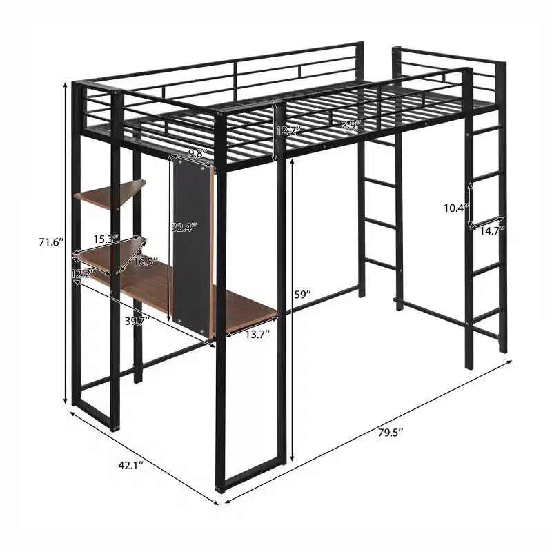 Twin Metal Loft Bed with 2 Shelves and Desk - ModernLuxe