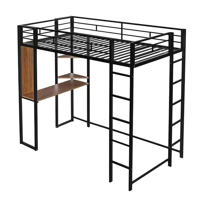 Twin Metal Loft Bed with 2 Shelves and Desk - ModernLuxe