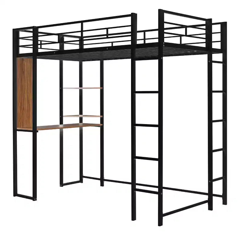 Twin Metal Loft Bed with 2 Shelves and Desk - ModernLuxe