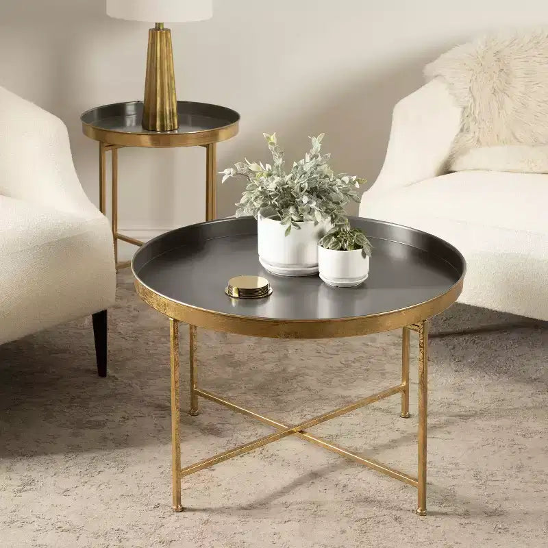 Kate and Laurel Celia Round Metal Coffee Table, 28.25x28.25x19, Gray and Gold
