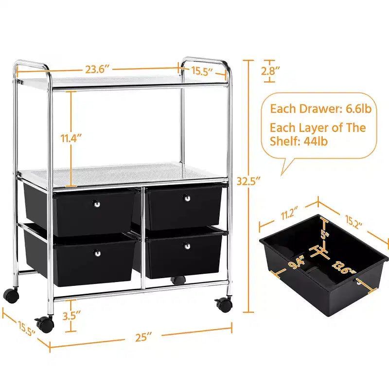 Yaheetech 4-Drawer & 2-Shelf Rolling Storage Cart with Wheels,Black