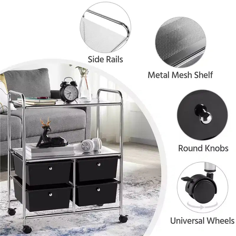 Yaheetech 4-Drawer & 2-Shelf Rolling Storage Cart with Wheels,Black