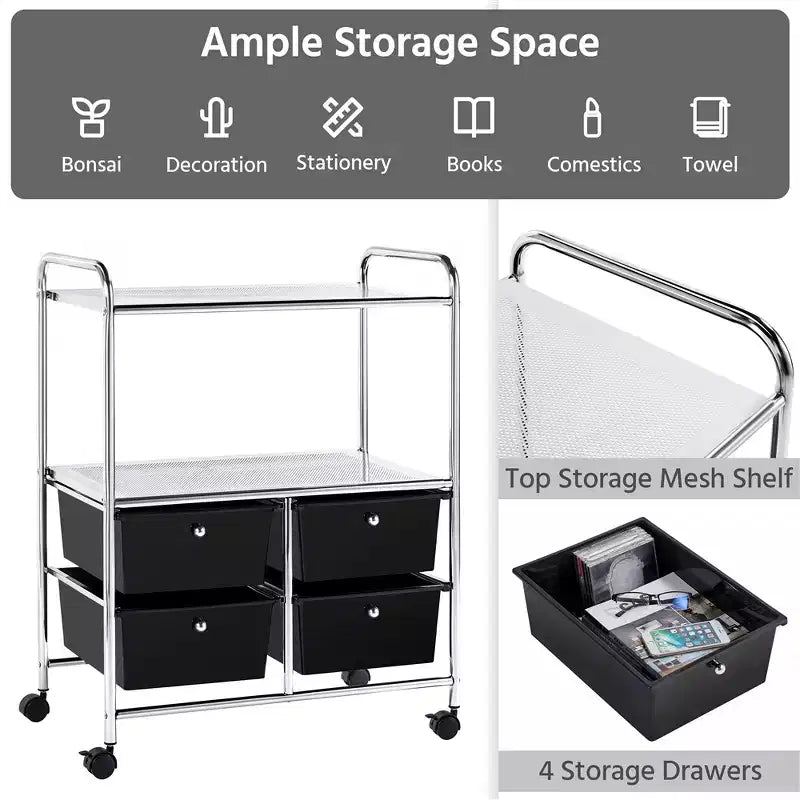 Yaheetech 4-Drawer & 2-Shelf Rolling Storage Cart with Wheels,Black