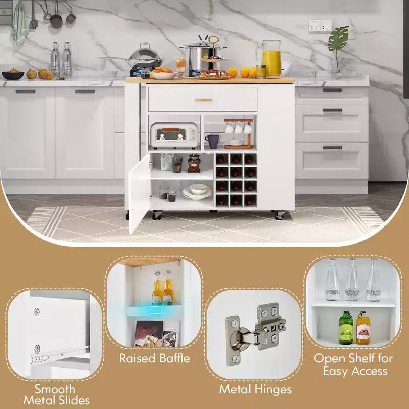 Costway Reversible Folding Kitchen Island Cart Utility Storage Trolley Wine Rack Shelves