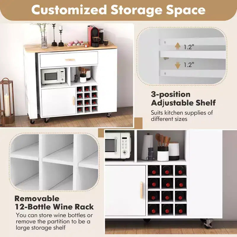Costway Reversible Folding Kitchen Island Cart Utility Storage Trolley Wine Rack Shelves
