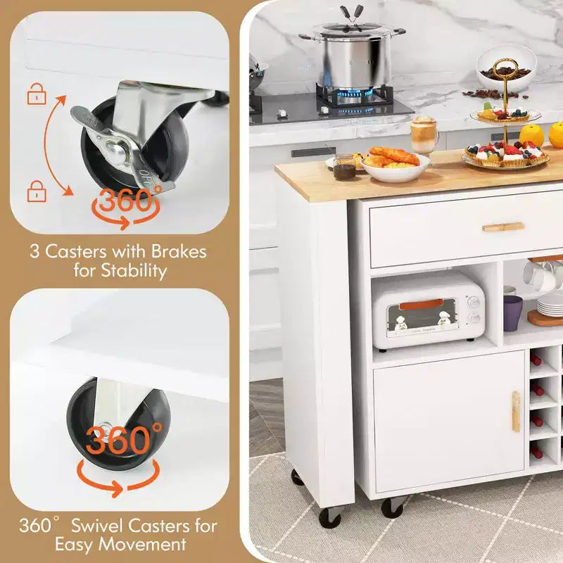Costway Reversible Folding Kitchen Island Cart Utility Storage Trolley Wine Rack Shelves