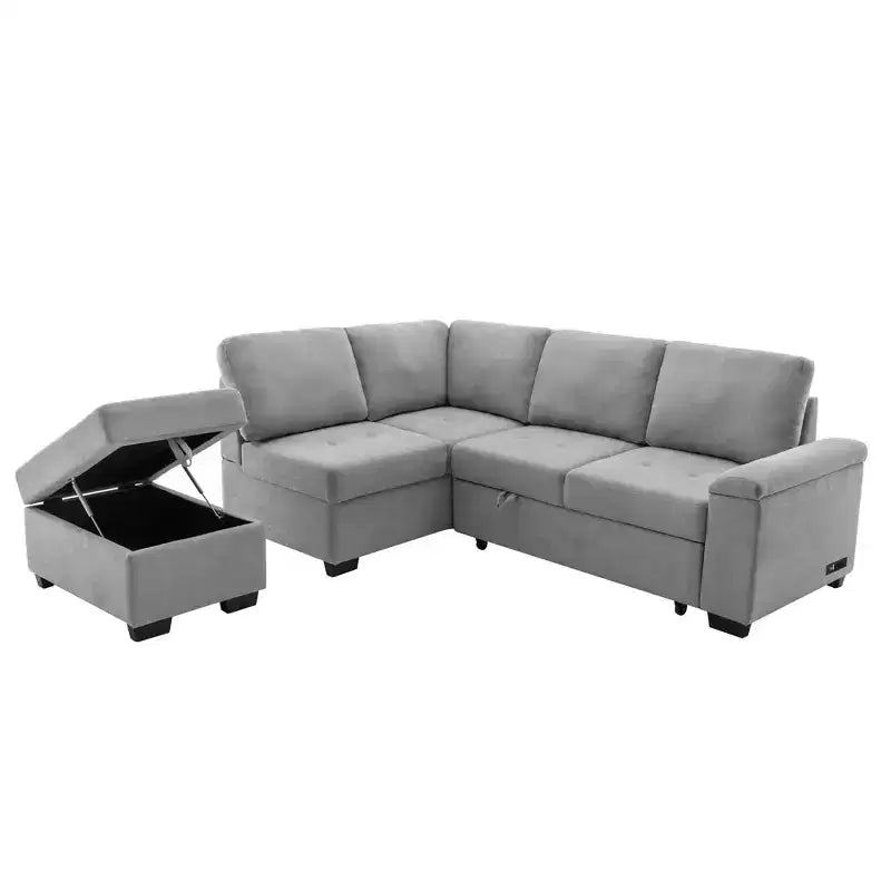 L-Shape Sleeper Sectional Sofa, Sofa Bed with Storage Ottoman & USB Charge-ModernLuxe