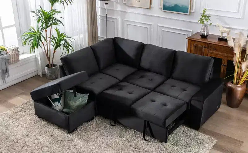 L-Shape Sleeper Sectional Sofa, Sofa Bed with Storage Ottoman & USB Charge-ModernLuxe