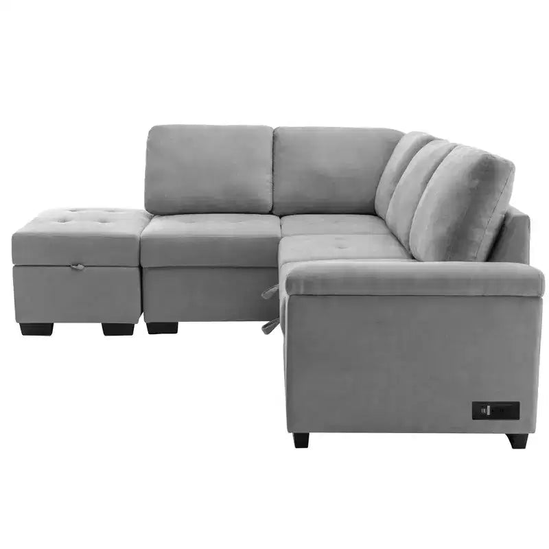 L-Shape Sleeper Sectional Sofa, Sofa Bed with Storage Ottoman & USB Charge-ModernLuxe