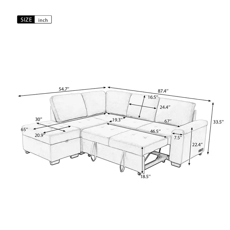 L-Shape Sleeper Sectional Sofa, Sofa Bed with Storage Ottoman & USB Charge-ModernLuxe