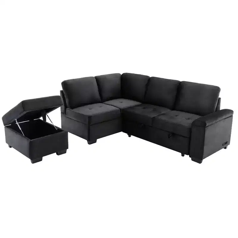 L-Shape Sleeper Sectional Sofa, Sofa Bed with Storage Ottoman & USB Charge-ModernLuxe