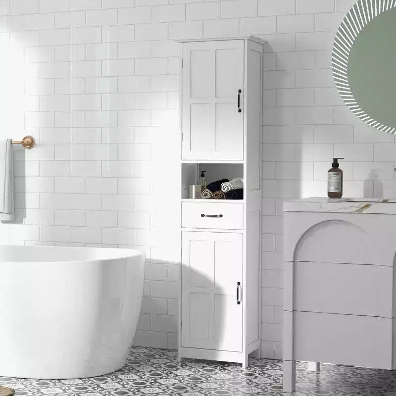 kleankin Slim Bathroom Storage Cabinet, Tall Bathroom Cabinet, Linen Tower with Open Shelf, Drawer, Recessed Doors, and Adjustable Shelves, White