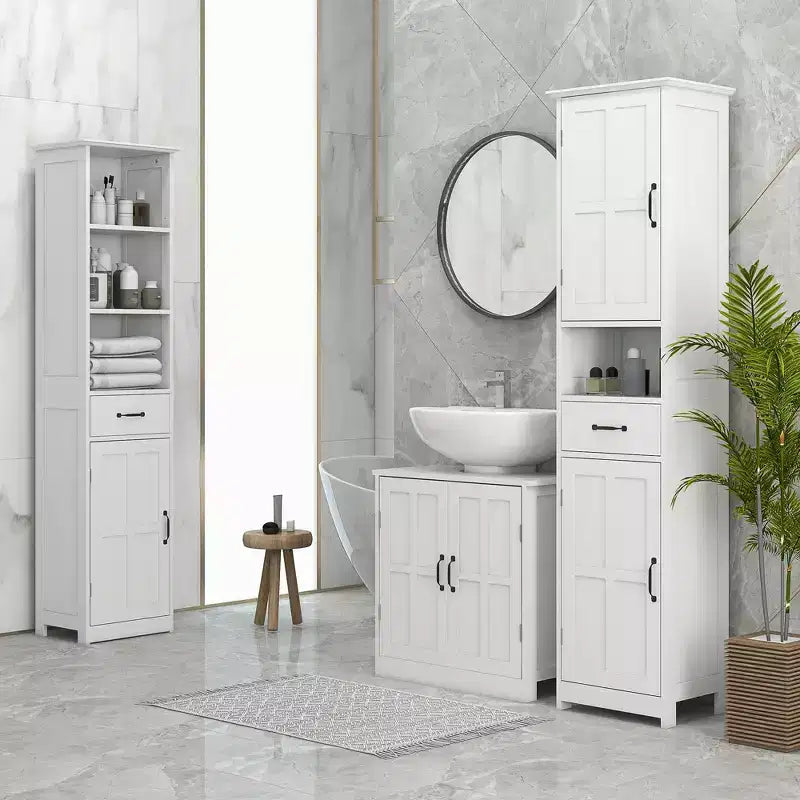 kleankin Slim Bathroom Storage Cabinet, Tall Bathroom Cabinet, Linen Tower with Open Shelf, Drawer, Recessed Doors, and Adjustable Shelves, White