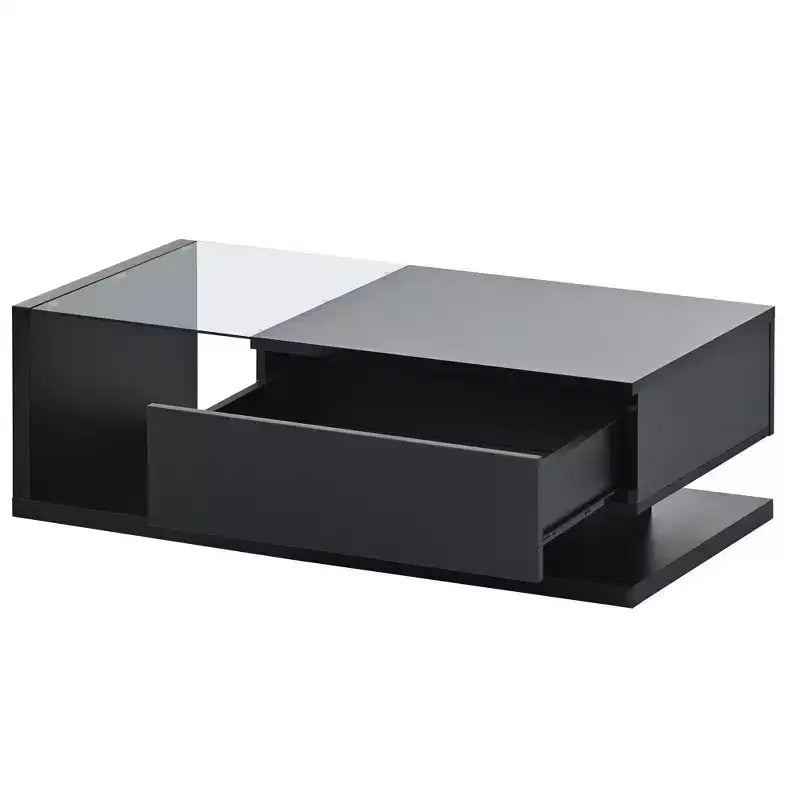 Modern Coffee Table with Tempered Glass Top, Rectangle Center Cocktail Table with High-gloss UV Surface, Sofa Table Side Table, Black/White-ModernLuxe