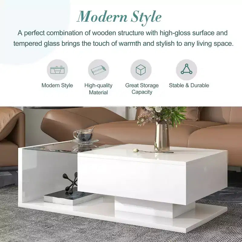 Modern Coffee Table with Tempered Glass Top, Rectangle Center Cocktail Table with High-gloss UV Surface, Sofa Table Side Table, Black/White-ModernLuxe