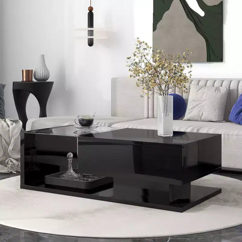 Modern Coffee Table with Tempered Glass Top, Rectangle Center Cocktail Table with High-gloss UV Surface, Sofa Table Side Table, Black/White-ModernLuxe