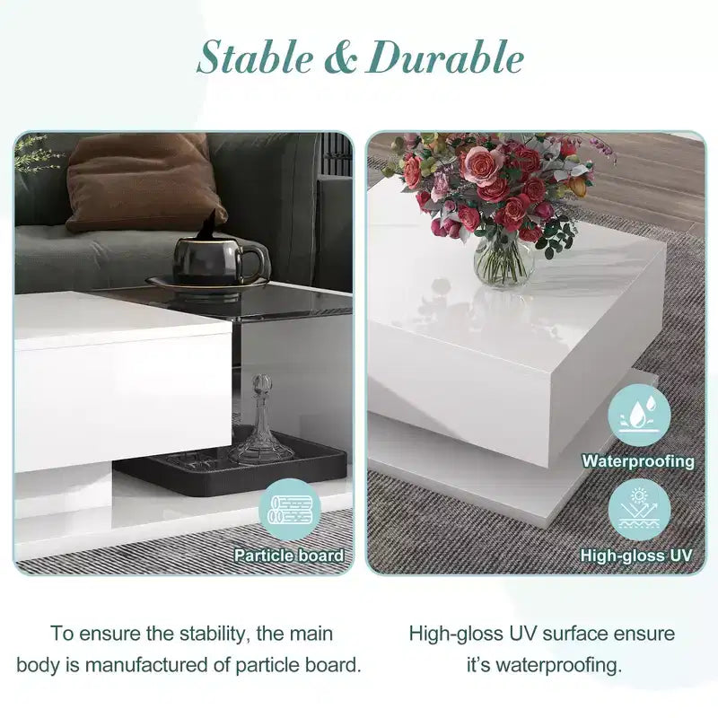 Modern Coffee Table with Tempered Glass Top, Rectangle Center Cocktail Table with High-gloss UV Surface, Sofa Table Side Table, Black/White-ModernLuxe