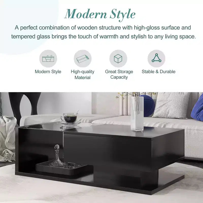Modern Coffee Table with Tempered Glass Top, Rectangle Center Cocktail Table with High-gloss UV Surface, Sofa Table Side Table, Black/White-ModernLuxe