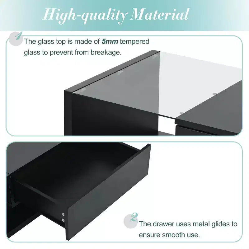 Modern Coffee Table with Tempered Glass Top, Rectangle Center Cocktail Table with High-gloss UV Surface, Sofa Table Side Table, Black/White-ModernLuxe