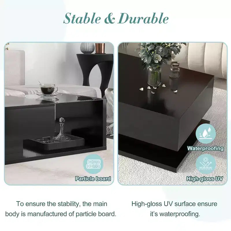 Modern Coffee Table with Tempered Glass Top, Rectangle Center Cocktail Table with High-gloss UV Surface, Sofa Table Side Table, Black/White-ModernLuxe