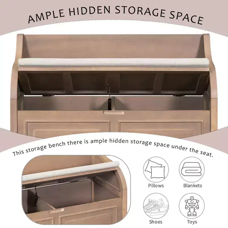 42 Rustic Solid Wood Entryway Multipurpose Storage Bench with Safety Hinges - ModernLuxe