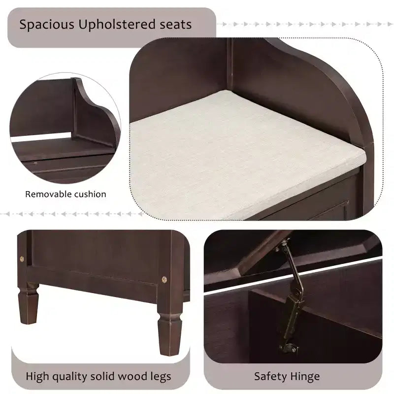 42 Rustic Solid Wood Entryway Multipurpose Storage Bench with Safety Hinges - ModernLuxe
