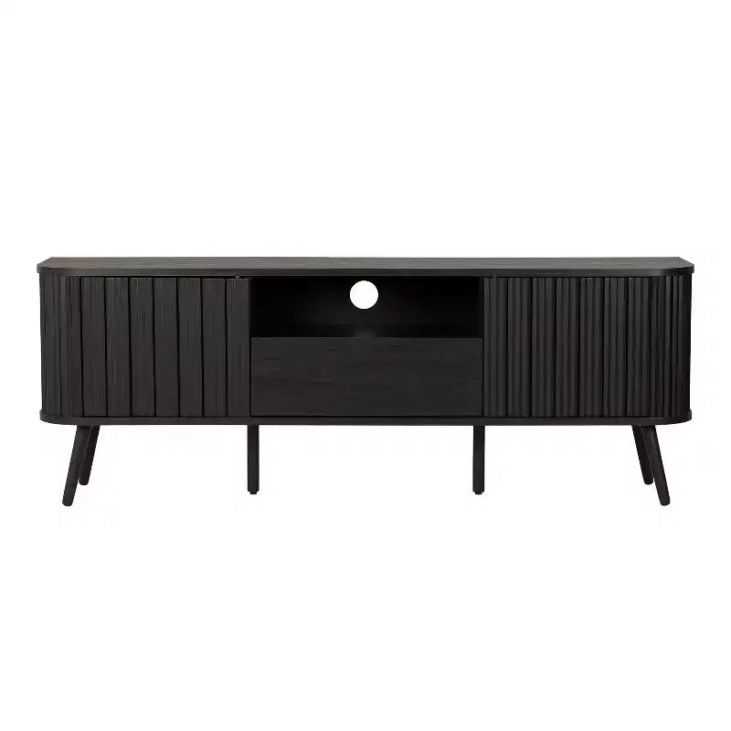 JONATHAN Y TVS1001A Damien 70 in. Farmhouse Curved TV Stand with Drawer and Storage Doors Fits TVs up to 75 in. with Cable Management