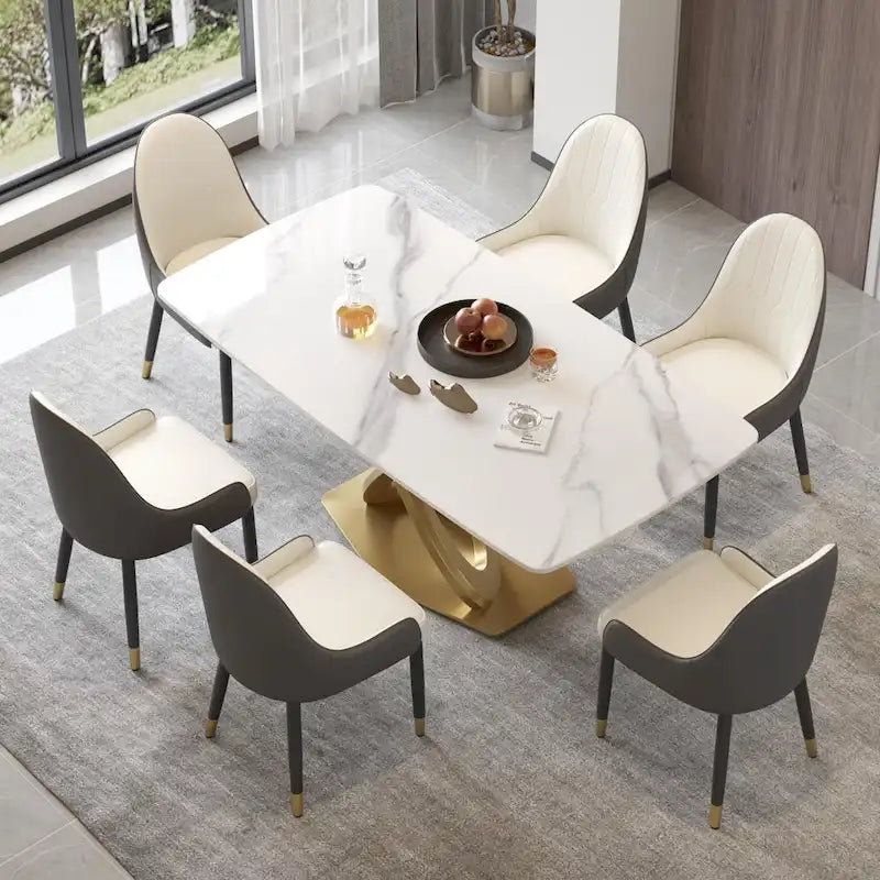 Contemporary Marble Dining Table with Gold Geometric Base